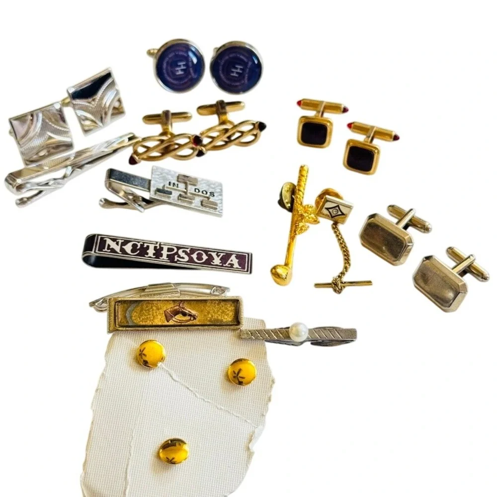 Mens Cufflinks Tie Clip VTG Lot Elegant Pearl Silver Gold Tone Retro 60s 70s 80s